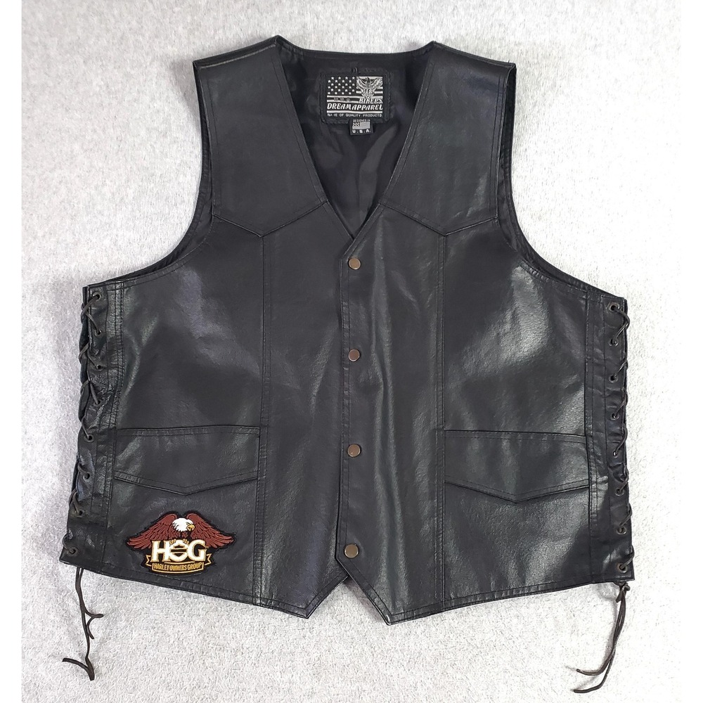 Bikers Dream Apparel Vest Mens XL Black Leather HOG Harley Patch Side Lace